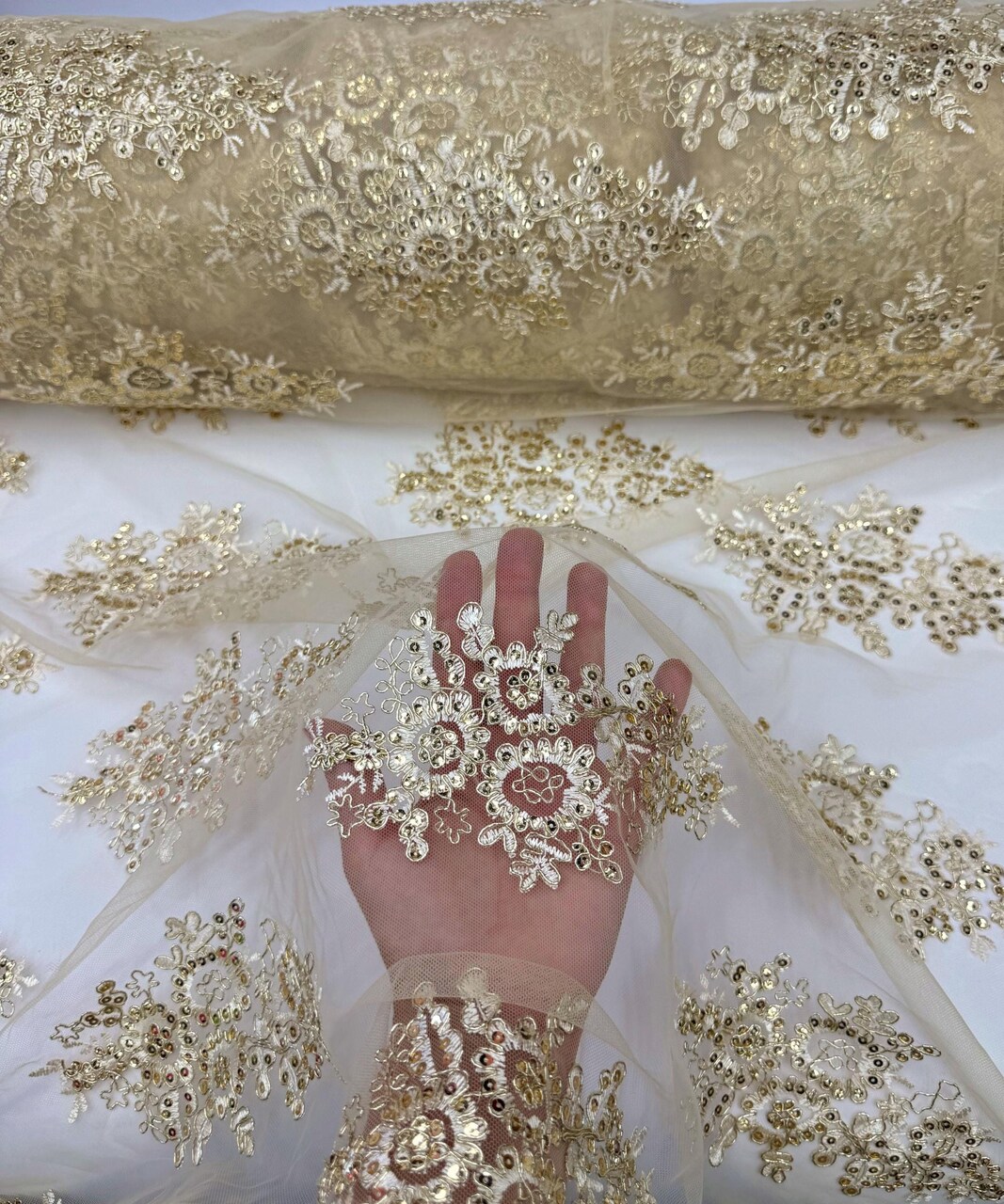 Gold Sequin Embroidered Lace Fabric by the Yard, 54" Wide Floral Mesh Lace with Double Scalloped Edges